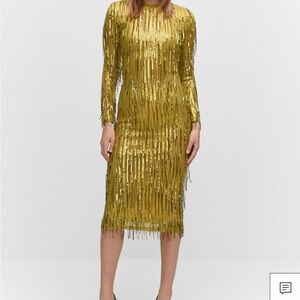 NWT Mango Gold Long Sleeve Sequin fringe dress